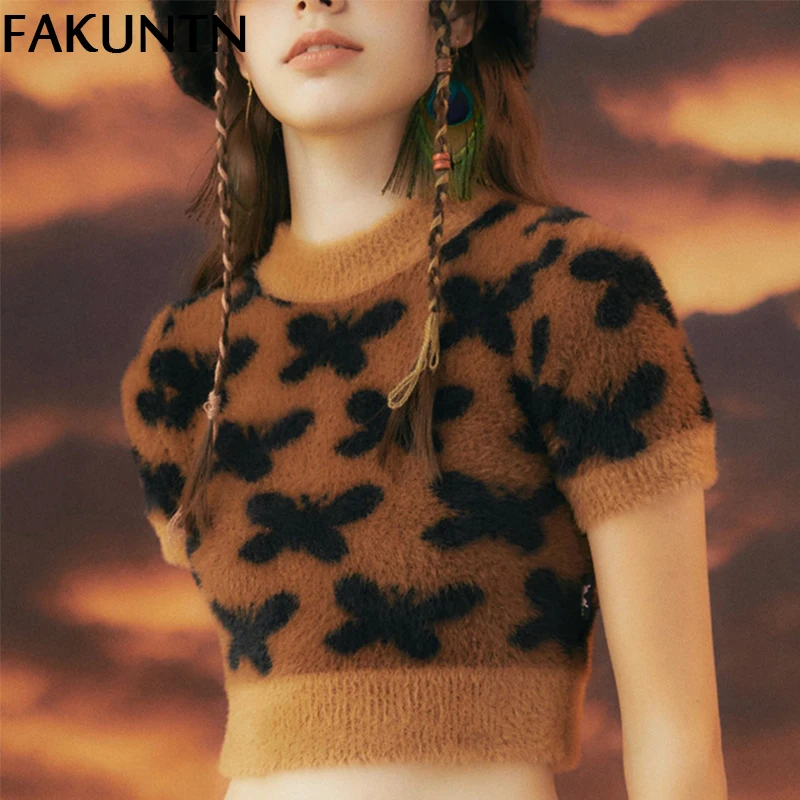 

y2k Butterfly Knitted Crop Top Women Mink Fleece Sweater Streetwear Women O Neck Short Sleeve Cute Top Vintage Brown sweater