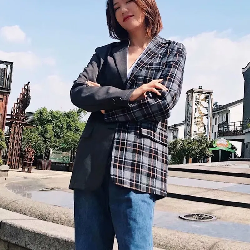 Новый Винтажный клетчатый блейзер с отложным воротником женская модная серая
