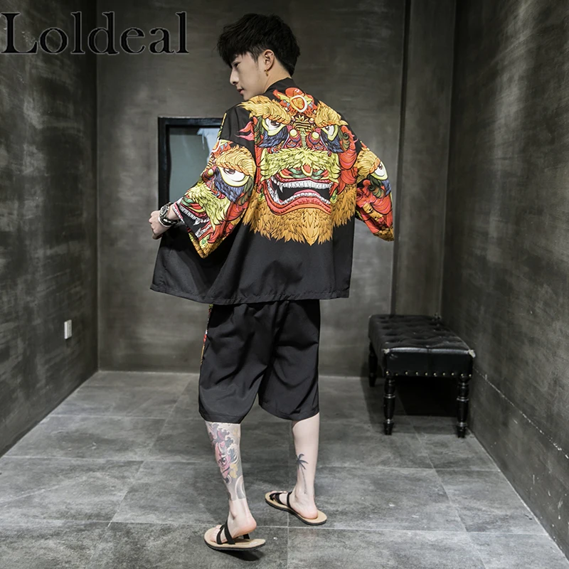 

Loldeal Chinese Style Short-sleeved Shirt Set Men Cotton and Linen Comfortable Printed Sunscreen Kimono + Shorts