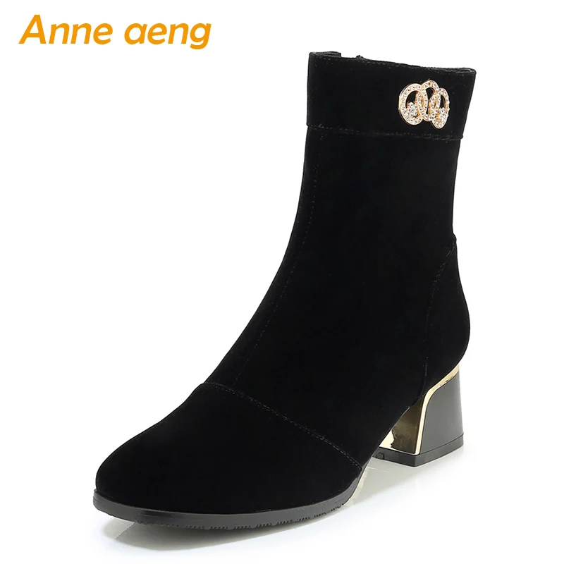 

2019 New Winter Women Ankle Boots Middle Square Heel Round Toe Zip Metal Crystal Sexy Ladies Women Shoes Black Warm Short Boots