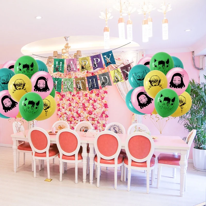 

1 Set Kimetsu no Yaiba Party Supplies Decor Demon Slayer Theme Latex Balloon Happy Birthday Banner Anime Cake Topper Hot