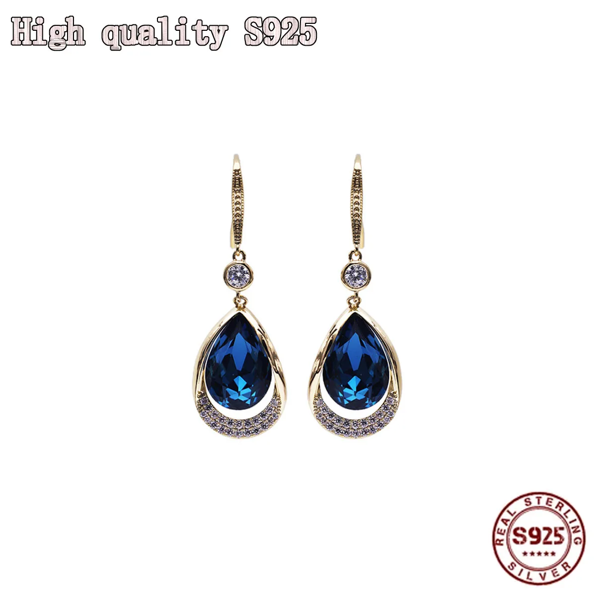 

Fashion Jewelry Blue Water Drop Earhook Short Crystal Temperament High Quality S925 Silver Needle Lady Earrings Wholesale