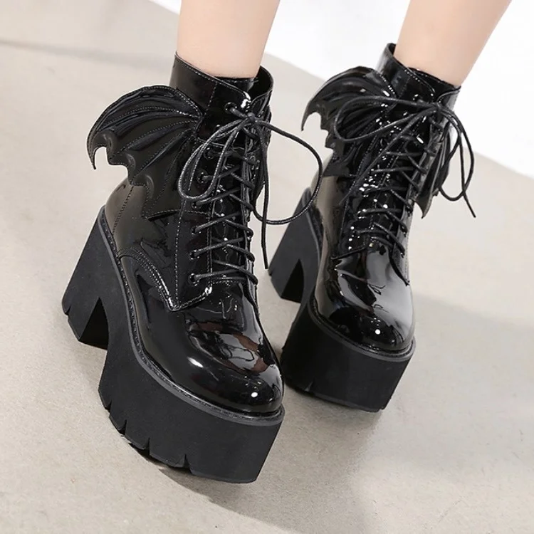 

boots women's British style high heels short boots 2020 new lace up motorcycle single boots patent leather boots