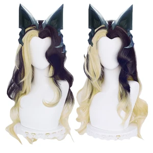 LOL Coven Ahri Cosplay Wig Black Blond Gradient Mixed 80cm Long Curly Wavy Heat resistant Hair Side  in USA (United States)