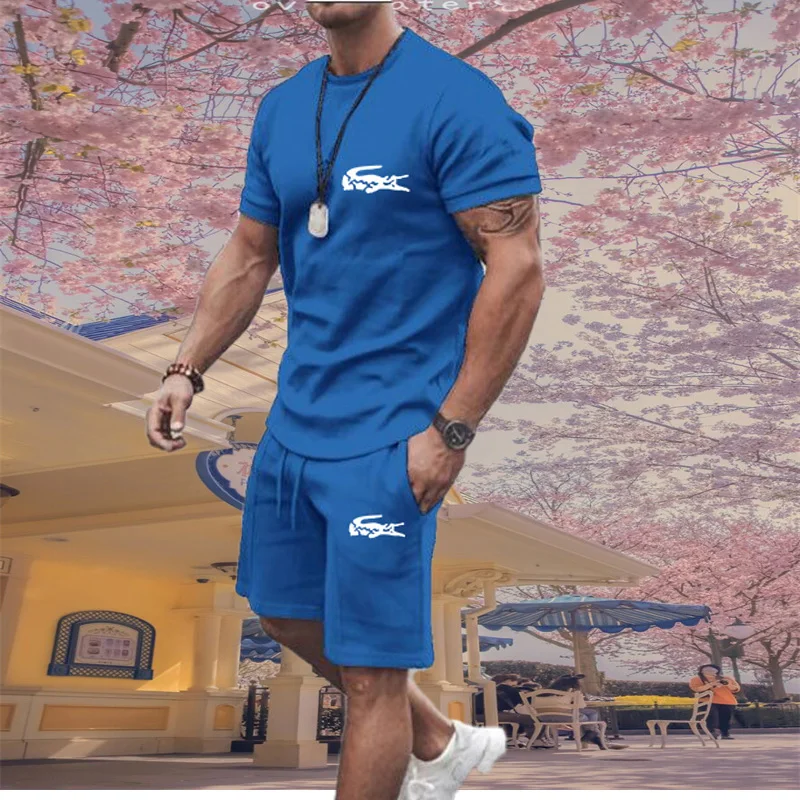 

2021 Men's Print Fashion Short Sleeve Round Neck Breathable Sportswear + Sports Pants Jogging Shorts Casual Brand Set