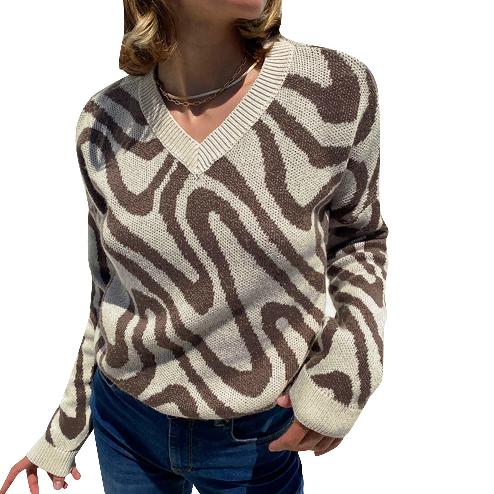 

Women Casual Sweater, Adults Color Block Long Sleeve V-neck Knitwear (Green, Brown, Blue)