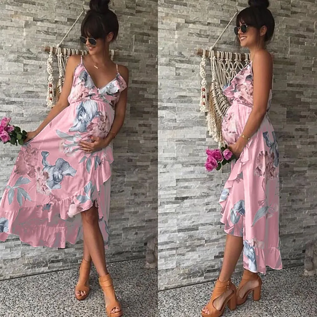

LONSANT Dresses Maternity Women Sleeveless irregular Flower Print Ruffle Dress Pregnanty skirt Summer Dresses ladies Clothes new