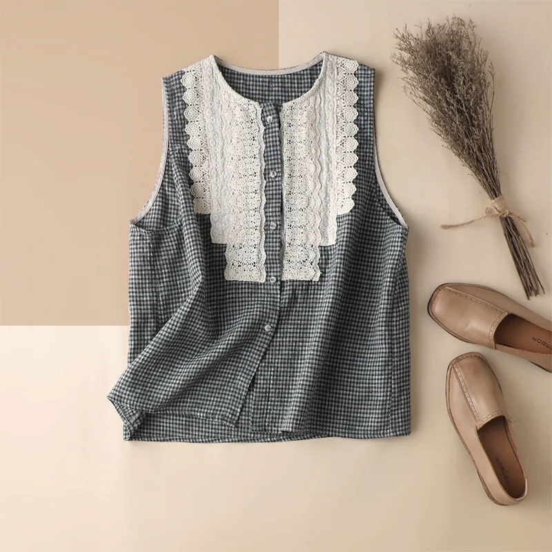 

SHUCHAN 55% Cotton+45% Linen Vest Women 2021 Spring/Autumn Prairie Chic Patchwork Lace O-Neck Single Breasted top