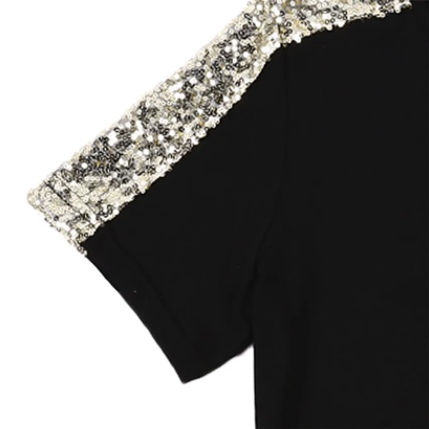 Sequined T Shirt Womens Pocket Tee Shirts Tops Mujer Fashion Black T-shirt Women Short Sleeve Summer Female Top | Женская одежда