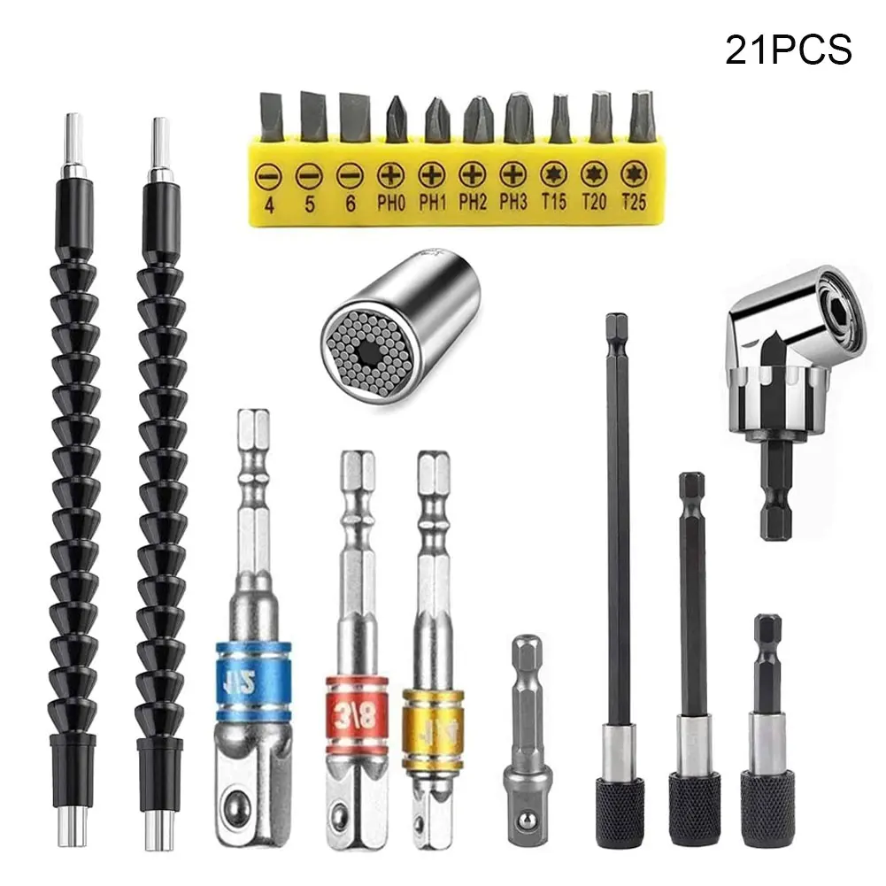 

21PCS Drill Bit Holders Set Drill Bit Extension 105 Degree Right Angle Drill Include 1/2 3/8 1/4 Inch Universal Socket Adapter