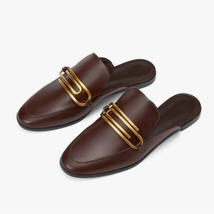 Low-heeled Slippers Women's British Style Breathable Slippers Metal Buckle Flat Mueller Shoes Womens Shoes Female Shoes
