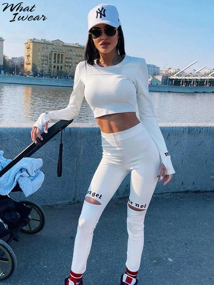 

Женский облегающий костюм Whatiwear из двух предметов с принтом букв, Осенний топ с круглым вырезом и длинным рукавом + ажурные Брюки со смайлико...