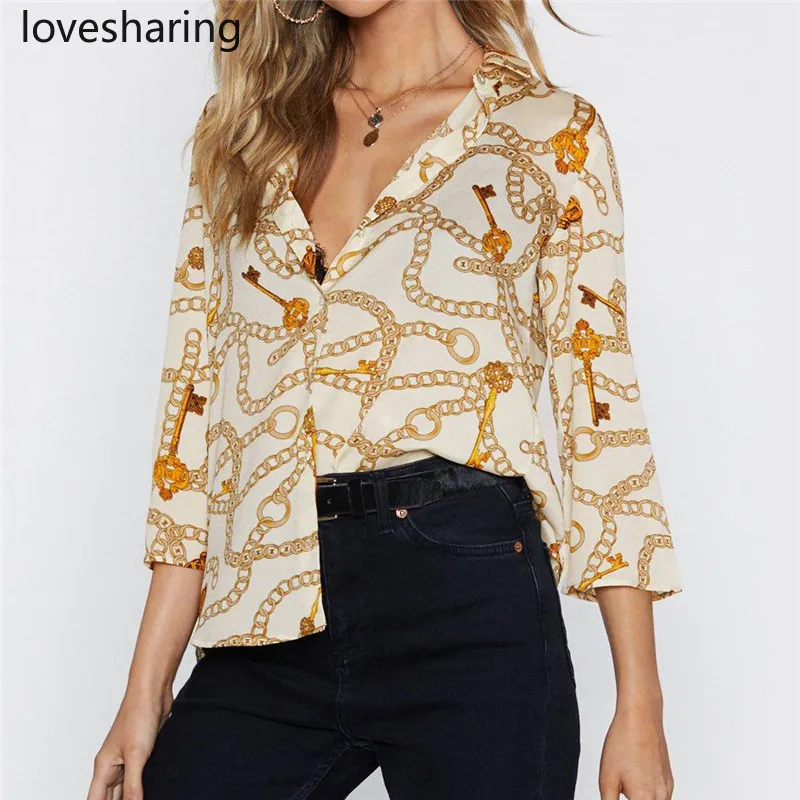 Женские блузки с цепочкой летняя блузка для отдыха отложным воротником офисные
