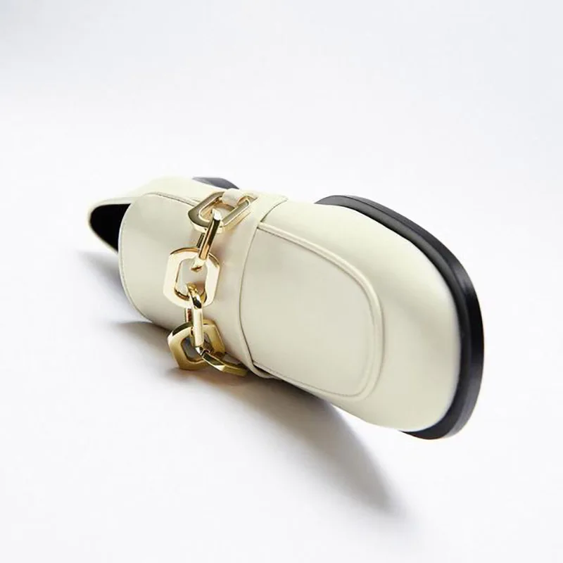 

2021 Spring New Women Shoes Square Toe Chain Decoration Loafers Office Lady Simple Solid Soft Leather Flat Shoes Women