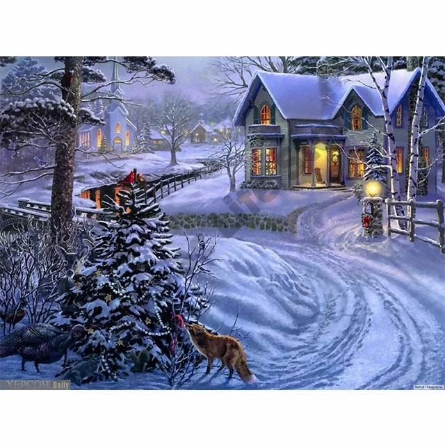 

Sinopac зимний пейзаж маленькая деревня изображение Diy масляная краска по номерам для взрослых ручная краска.