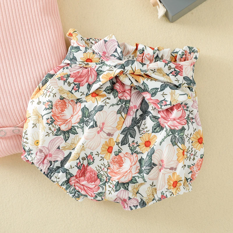 

New Pink Summer Girl Suit (3 pieces) with Baby Collar (3 pieces) + Flower Shorts + Headscarf (3 pieces)