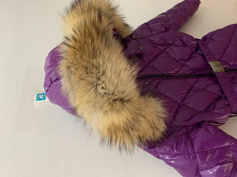 

High quality girls thicken 90% White duck down jumpsuits children big real fur collar down overalls kids Russian winter jumpsuit