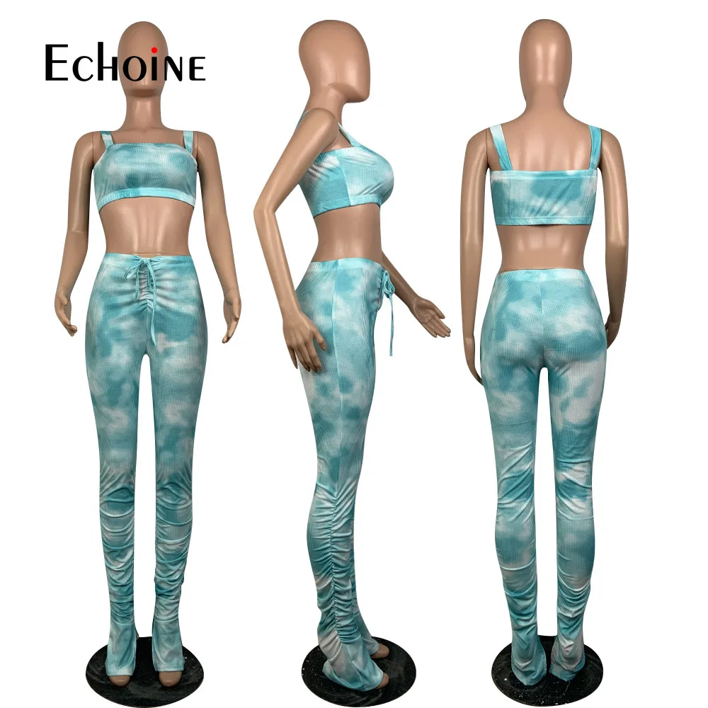 

Echoine Summer Tie-dye Printed Tracksuits Fitness Strap Crop Tops+ Pants Suit Two Piece Set Night Club Outfits Matching Sets