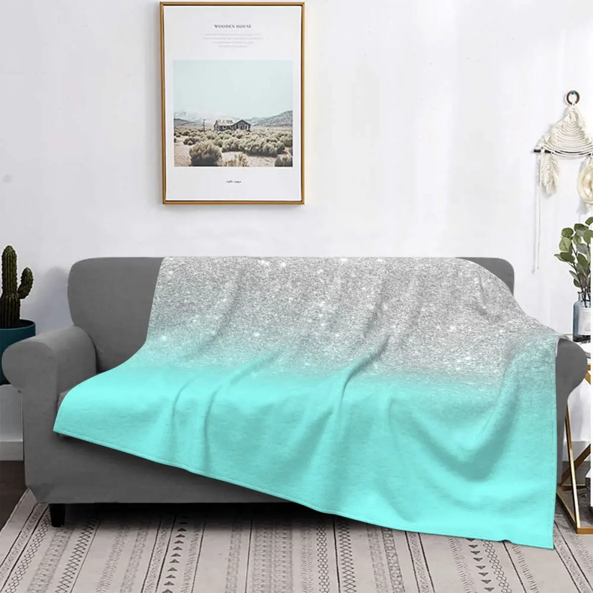 

Manta moderna de color verde azulado con purpurina plateada, colcha a cuadros para cama, sofá, Sudadera con capucha, funda para