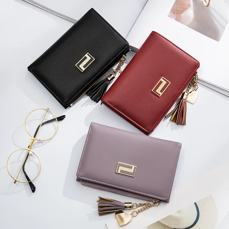 

2021 New Women Wallet Pu Leather Fashion Korean Purse Buckle Zipper Short Tassel Love Heart Wallets Female Letter Card Holder