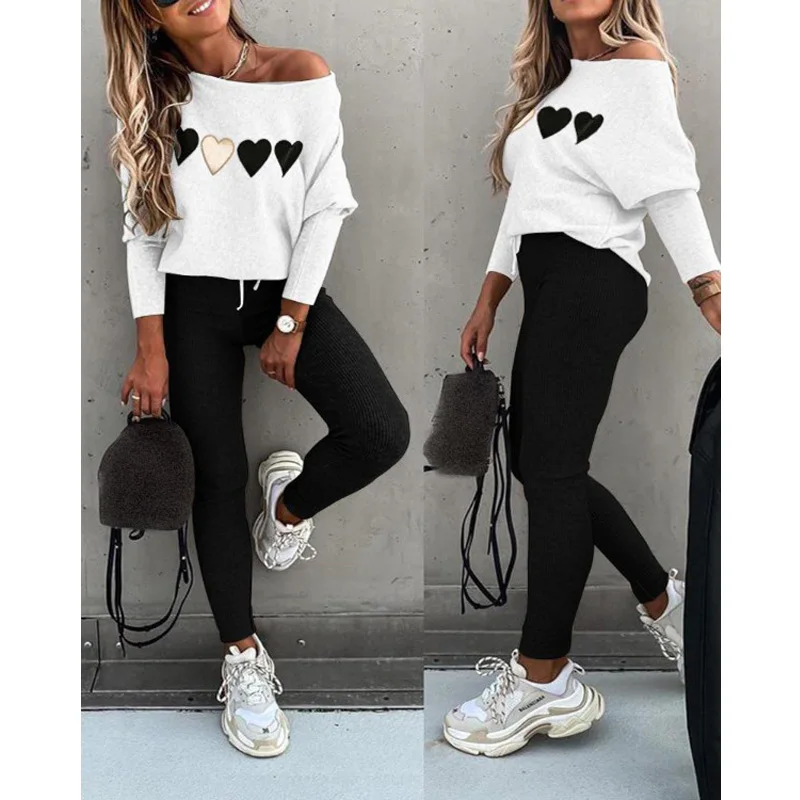 

2020 New Fashion Spring Autumn 2 Piece sets Womens Outfits Solid Long Sleeve Top & High Waist Drawstring Pants Set