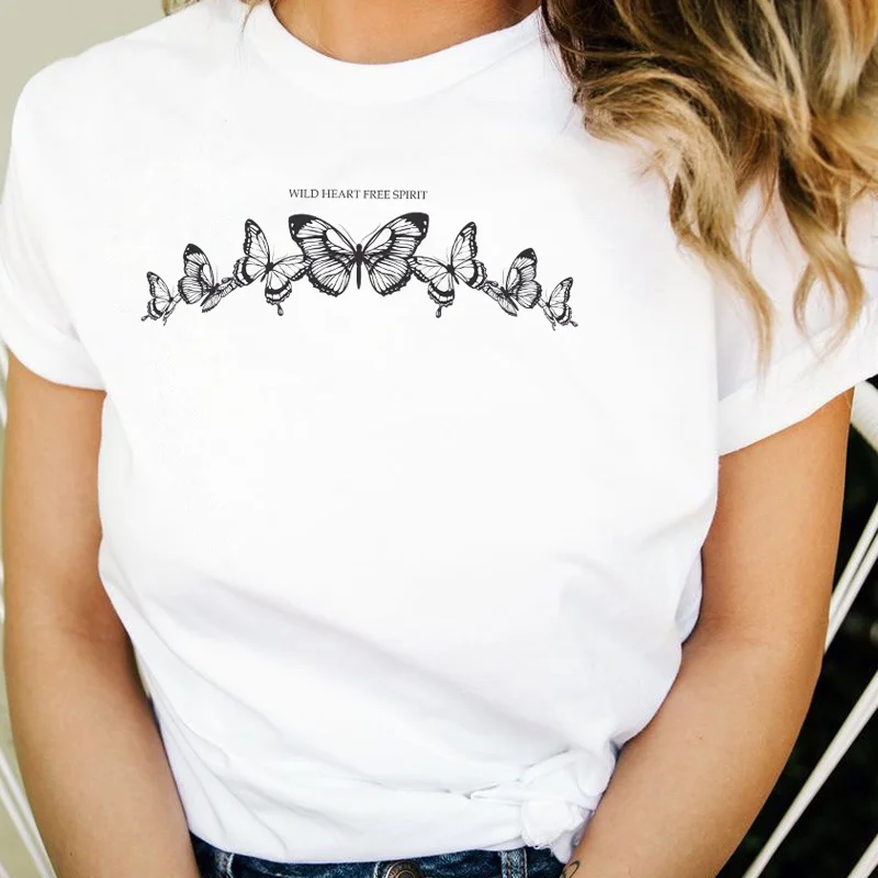 

Wild Heart Butterfly T-Shirt Women Vintage Fashion Cute Aesthetic Tee Casual Short Sleeves Inspirational Quotes Shirt Ladies Top