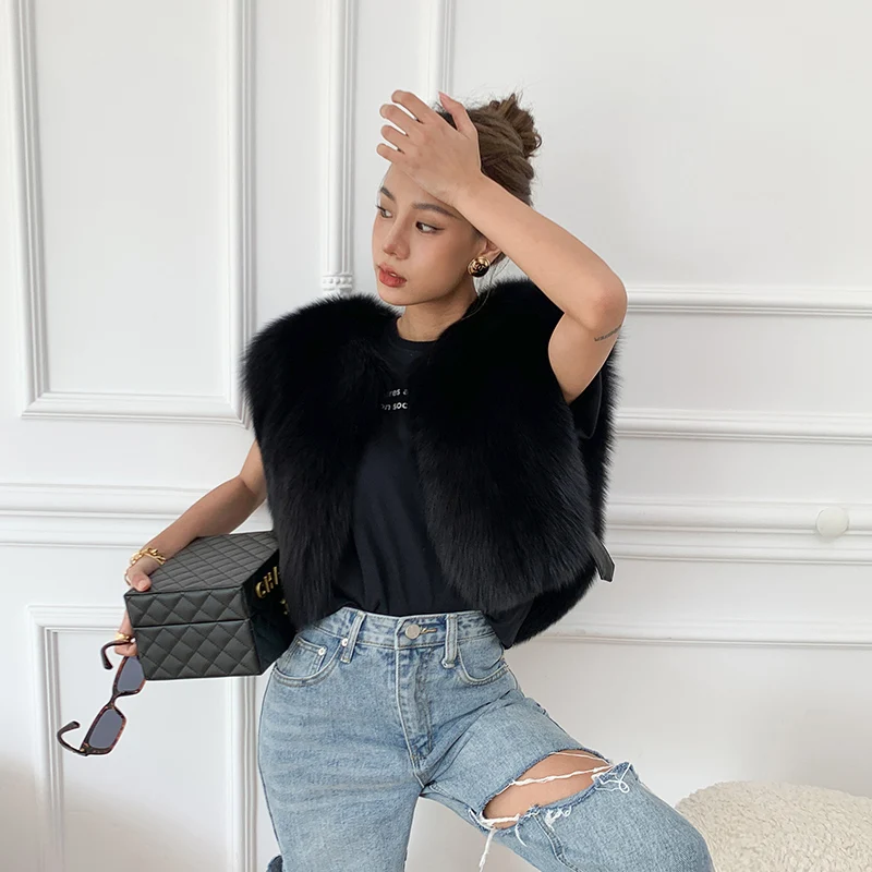 Fox Fur Vest 2021 New Style Young Women's Vests Black Winter Jacket Waistcoat Fur Sleeveless Gilet Autumn Winter Clothes Women