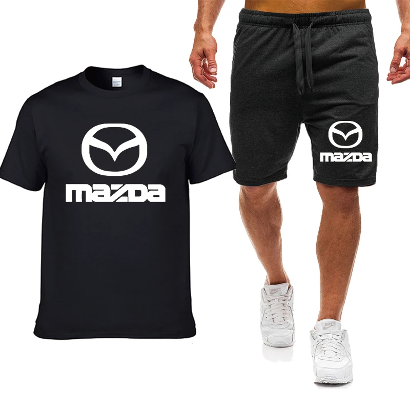 

NEW Mens T-shirts Mazda Car Logo Print Summer Mens Short sleeve Casual high quality Cotton Mens T-shirt + shorts 2-piece set A