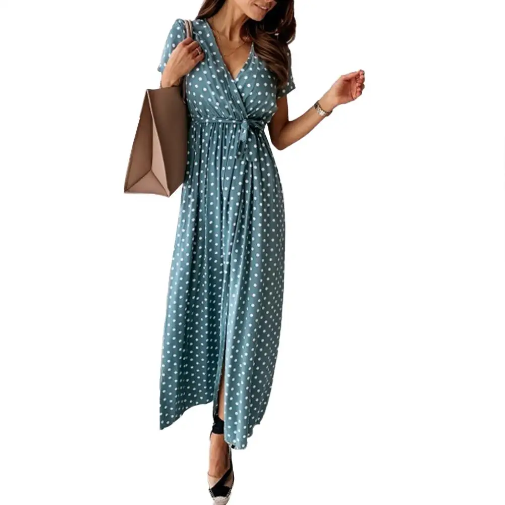

Women 's Dress 2021 Summer V-Neck Wrap Short Sleeve Belt Dotted Prints Front Slit Hem Long Dress