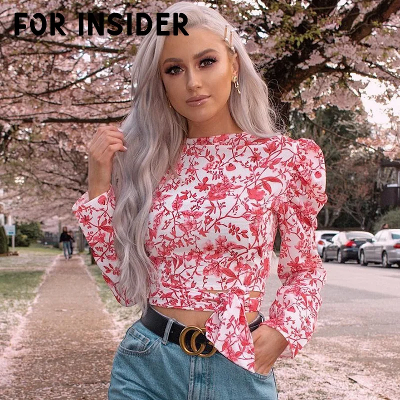 Для Insider, сексуальная синяя блузка с цветочным принтом и открытой спиной, рубашка, Женская водолазка с длинным рукавом, туника, укороченный топ с оборками, летняя женская блузка