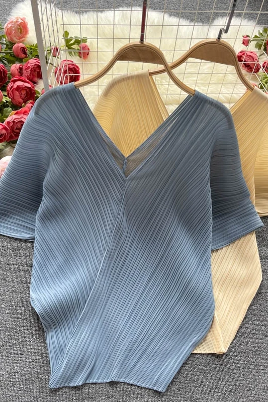 

European and American top women's design sense niche heavy industry pleated chiffon V-neck all-match women's short sleeves