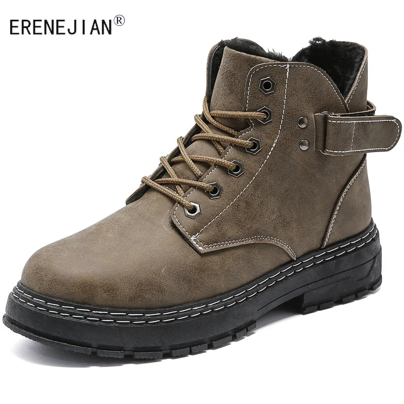 

Мужские зимние теплые ботильоны ERENEJIAN, Нескользящие ботинки на платформе, толстая термообувь с плюшевой подкладкой, рабочие ботинки