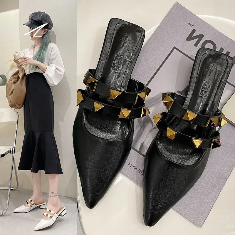 

New Slip On Mules Women Shoes Woman Slippers Brand Design Rivet Cover Pointed Toe Square Mid Heels Casual Slides Flip Flops