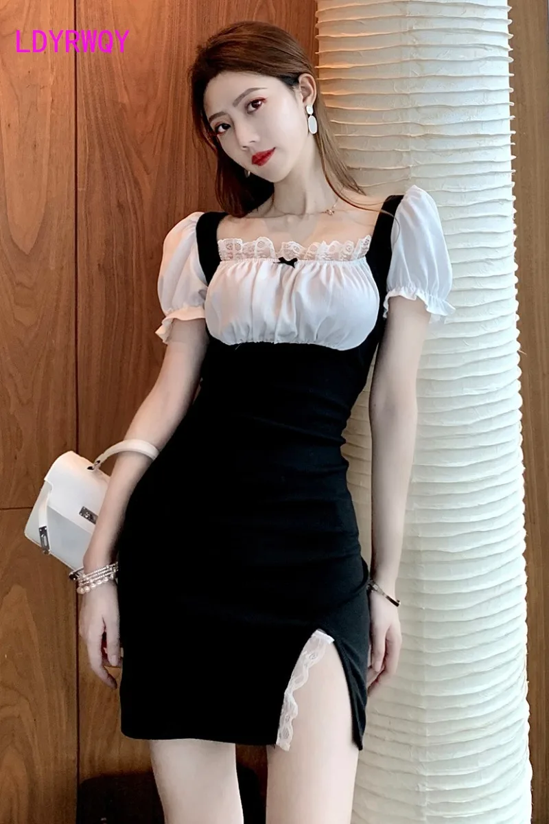 

LDYRWQY The new summer French vintage lace square neck slim bubble sleeves slit hip wrap dress Office Lady Polyester