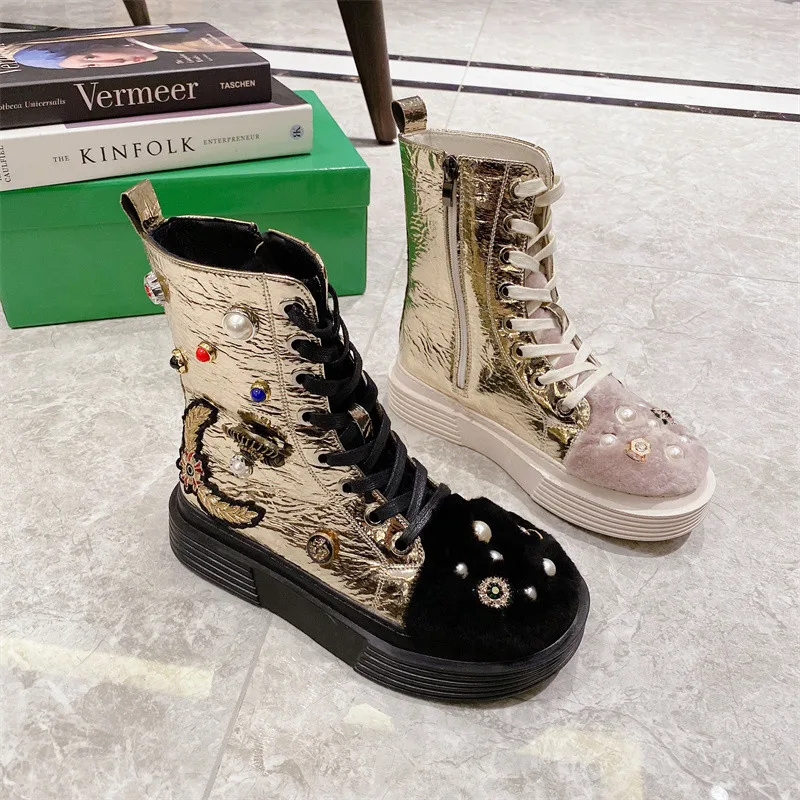 

Женские ботильоны из натуральной овечьей шерсти с круглым носком, теплая зимняя обувь на платформе с вышивкой бусинами, в британском стиле, ...