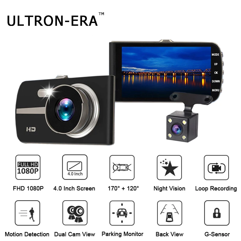 ULTRON-ERA Hidden Car DVR 4 Inch FHD 1080P Dual Lens Dash Cam Video Recorder Night Vision G-sensor Auto Camera Dashcam Mirror | Автомобили