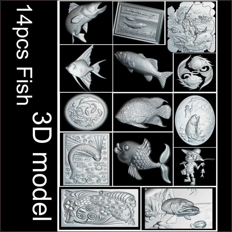 

14 шт рыбы 3d модель STL рельеф для cnc STL формат рыбы 3d модель для cnc stl рельеф artcam vectric aspire