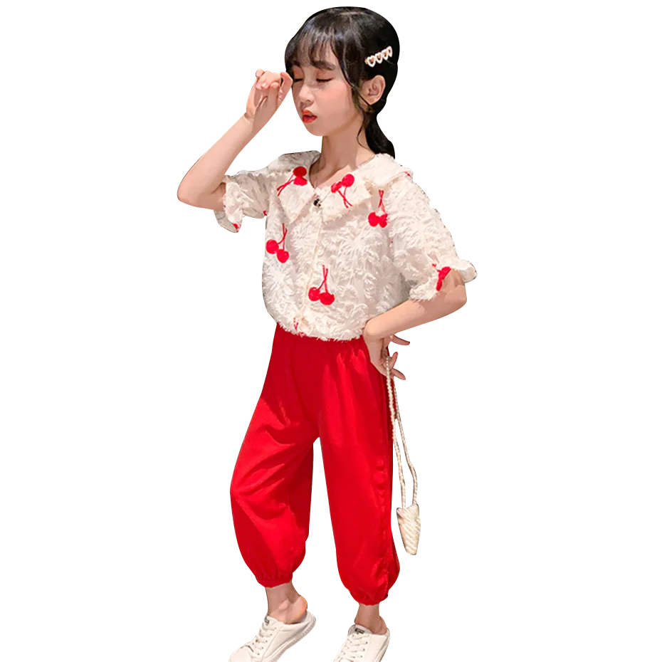 Детская летняя одежда с рисунком вишни для девочек блузка + штаны комплекты