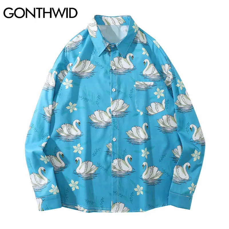 

Рубашка GONTHWID в стиле хип-хоп, уличная одежда в стиле Харадзюку С Изображением Животных, лебедя, цветов, модная блузка, повседневные топы своб...