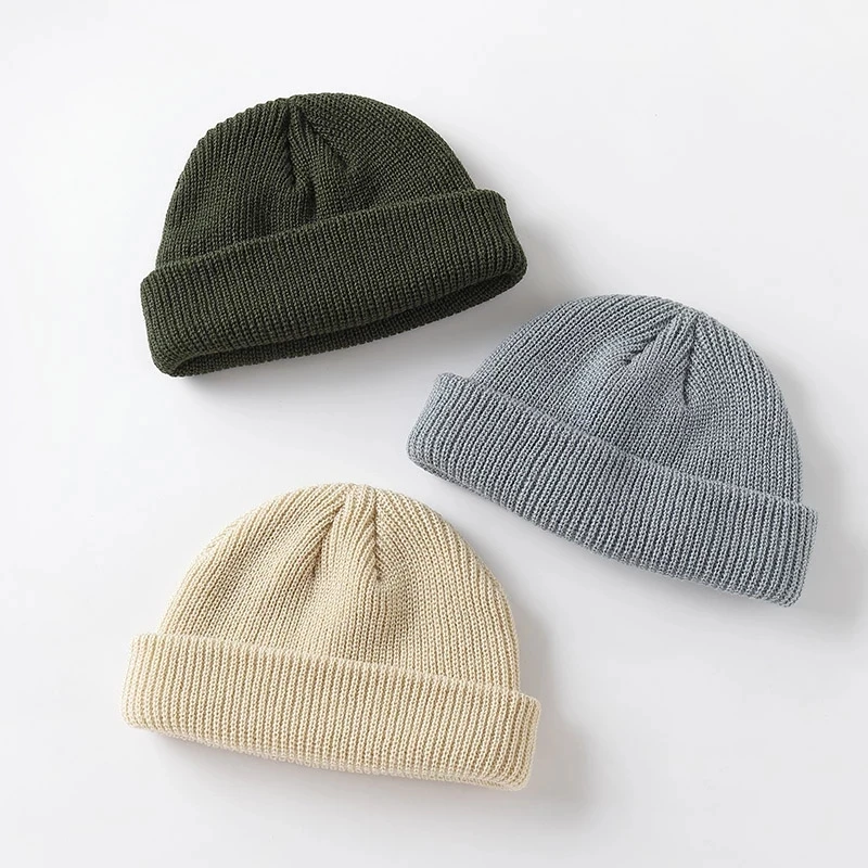 

New Fashion Men's Beanie Winter Knit Hat Boy Skullcap Sailor Cap Cuffs Retro Navy Short Hat Solid Color Unisex Autumn Warm Cap