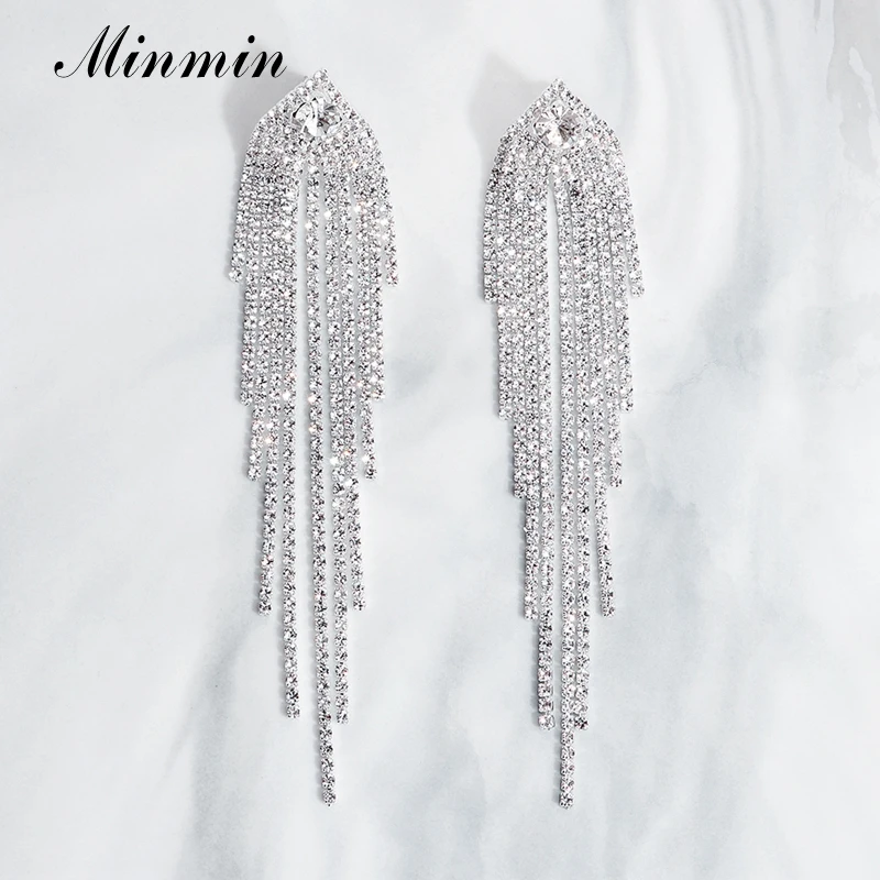 Silver Minmin Rosegold сверкающая Длинная кисточка из горного хрусталя Свадебные висячие серьги Роскошные Крупные, свадебные серьги-подвески ювелирные изделия Модные женские аксессуары для костюмированной вечеринки женские MEH1647 - Окраска металла: Silver