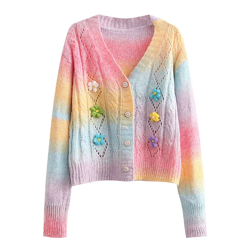 

Womens Loose Fit Knitted Cardigan Sweater Long-Sleeve V Neck Casual Colorful Flower Decoration Single-Breasted Cardigan Sweater