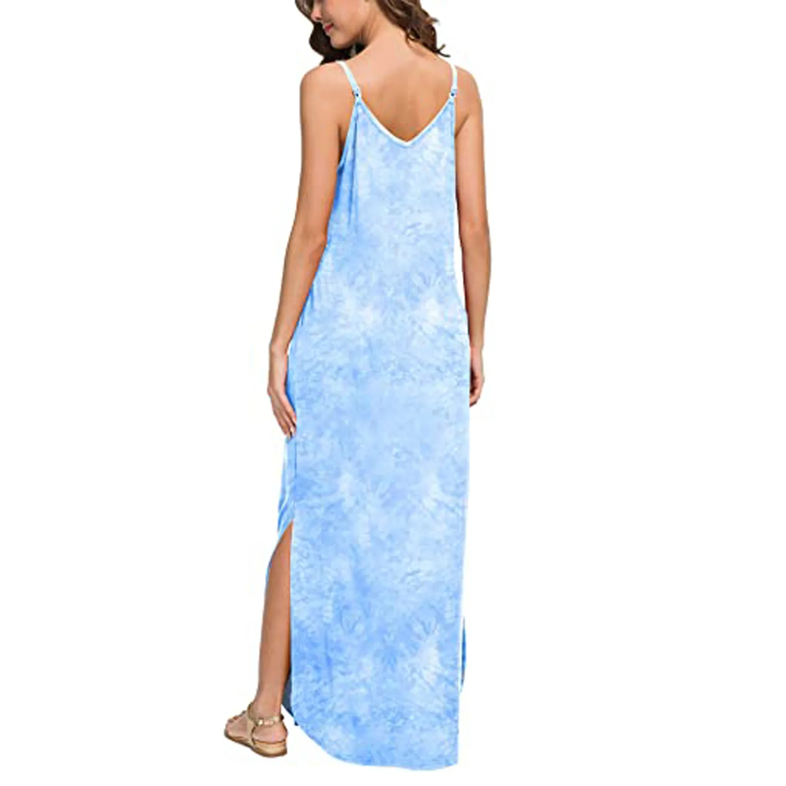 

40# Plus Size Strap Dress Women Casual Long Sling Dress With Pockets Low Cut Dress Women Chiffon Strap Dress Vestido De Mujer