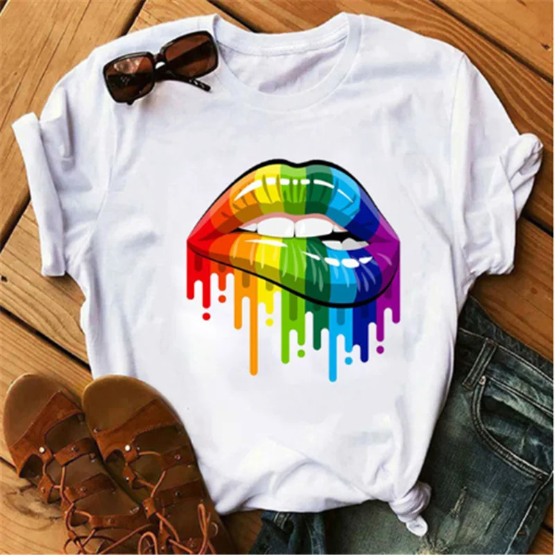 

Red Lips Kiss T-shirt Funny Fashion Print T-shirt Fashion Women Harajuku T-shirt AOWOF New Women's T-shirt