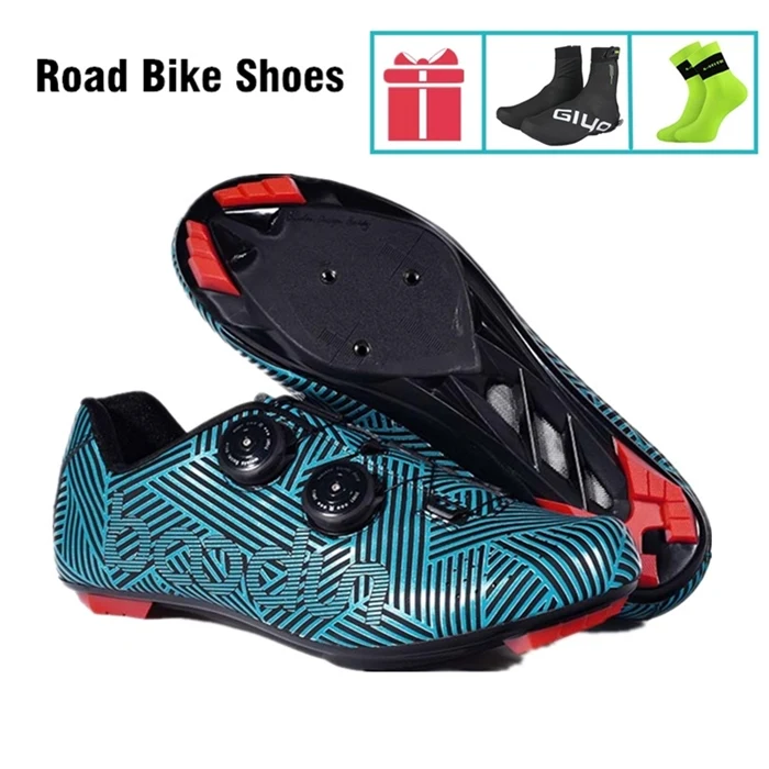 Road Blue Кроссовки для шоссейного горного велоспорта, Нескользящие, самоблокирующиеся, мужские, для езды на велосипеде, обувь для спорта, велосипедная обувь с обувью, чехол и носок - Цвет: Road Blue