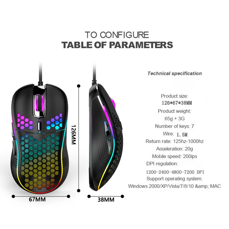 

7200DPI Wired Gaming Mouse Computer Mouse Lightweight RGB Backlight Honeycomb Shell Ergonomic Mice with Cable for PC Desktop