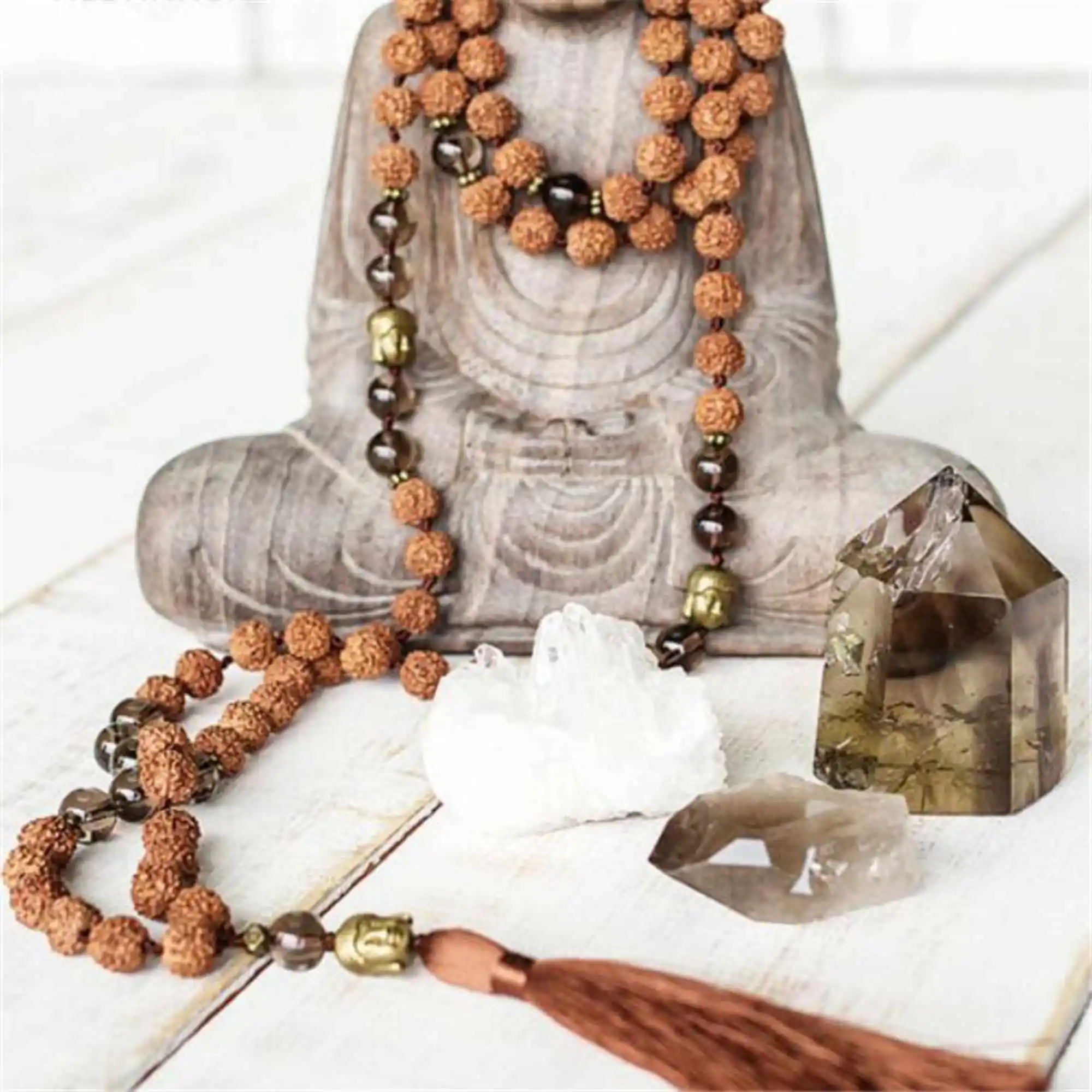 

8mm Natural Rudraksha gemstone smoky quartz 108 Beads Necklace Inspiration Thanksgiving Day Spirituality Practice Cuff Handmade