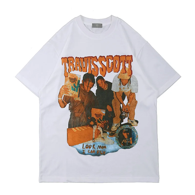

2021 Travis Scott Men Women High Street Hip-hop Rapper Dark Wind Character Print Oversize Short-sleeved T-shirt Man Clothing