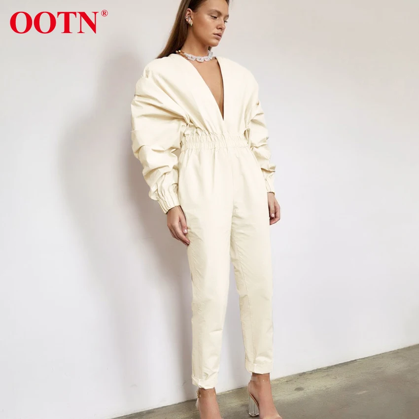 OOTN Women's V neck High Waist jumpsuits Straight Elastic women rompers Lantern Sleeve sexy Street bodysuit | Женская одежда