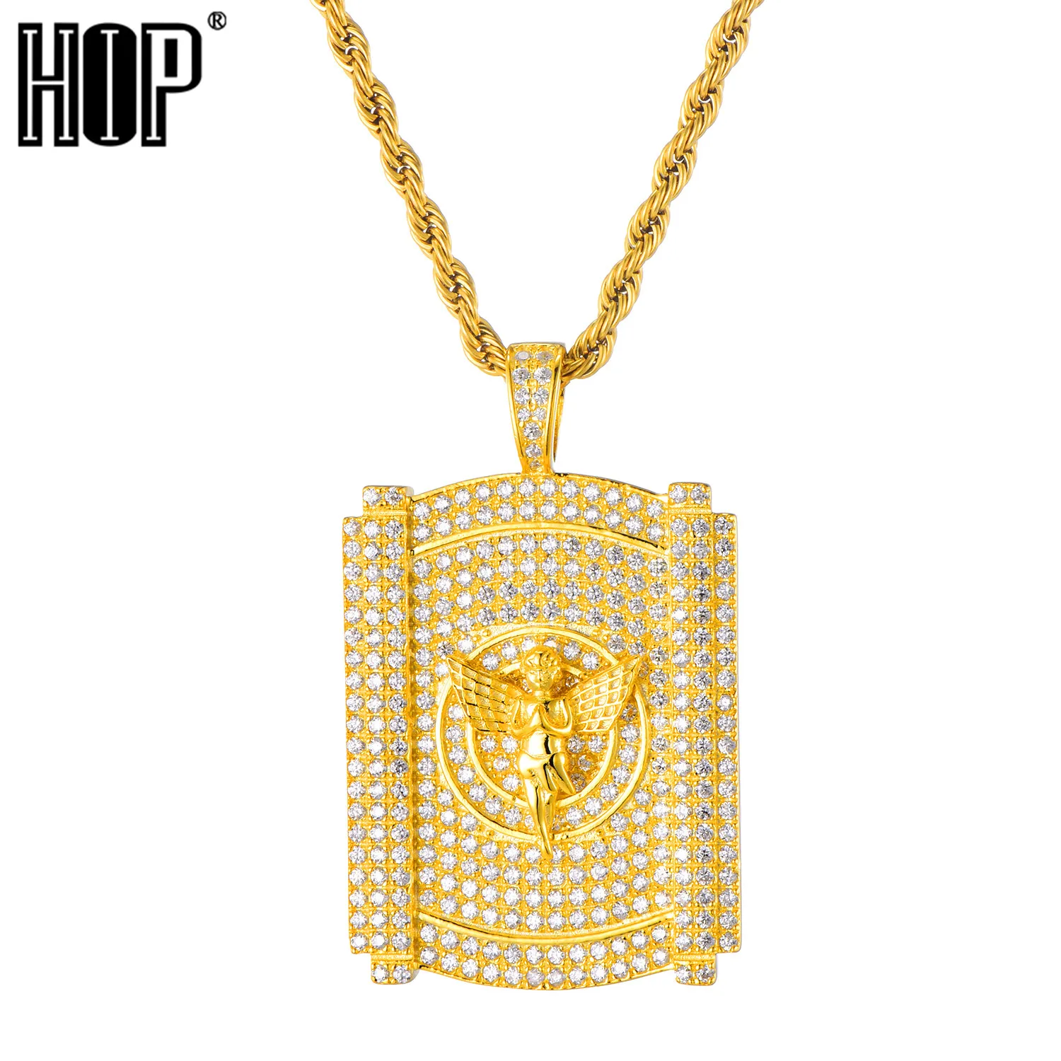 

Prayer Angel Gold Necklace & Pendant Tennis Chain Gold AAA Cubic Zirconia Hip hop Rock Jewelry